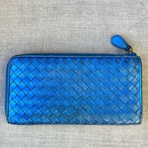 Bottega Veneta Metallic Blue Intrecciato Leather Zip Around Wallet